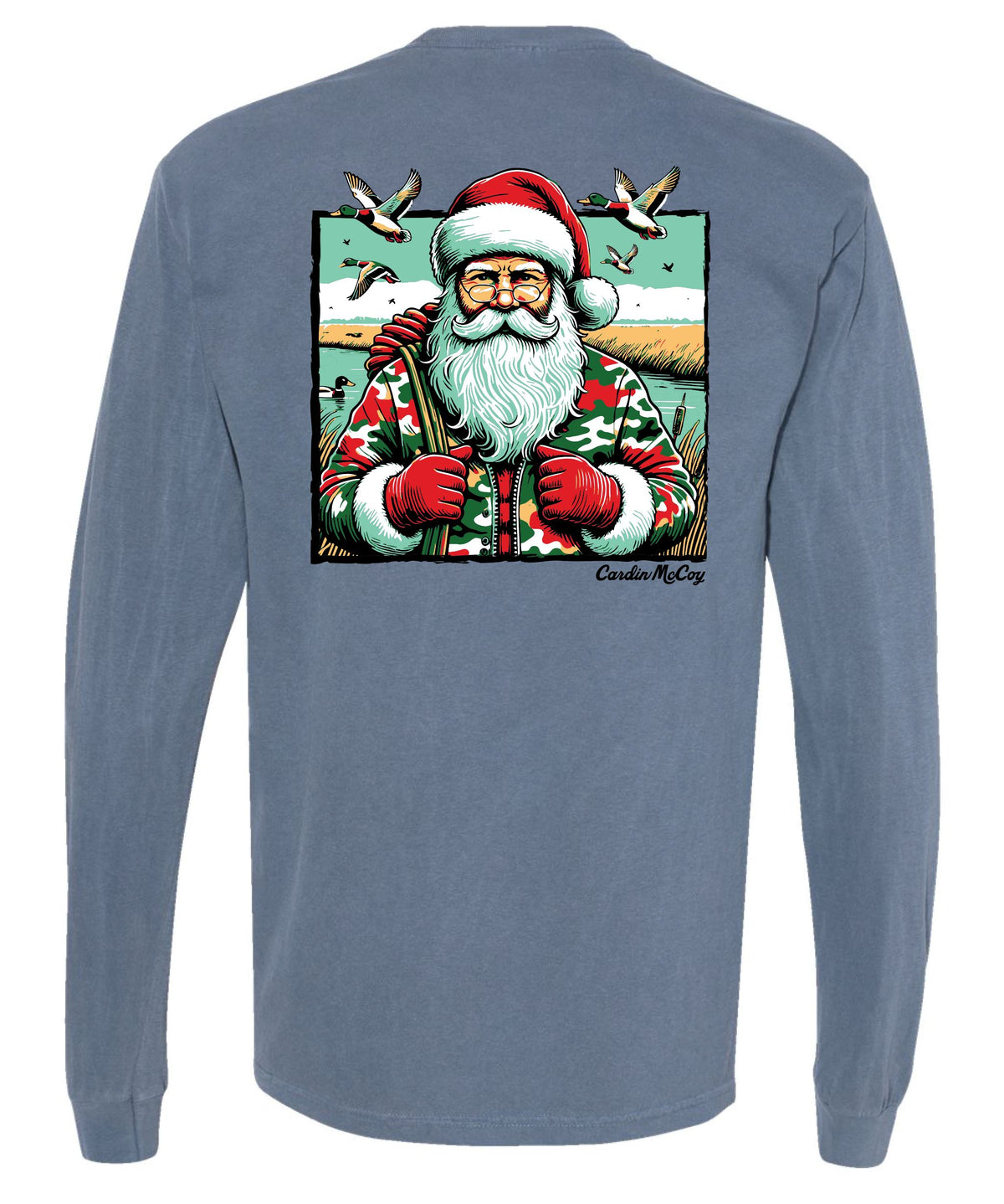 Adult Duck Hunter Santa Long-Sleeve Tee Long Sleeve T-Shirt Comfort Colors Blue Jean Small Pocket