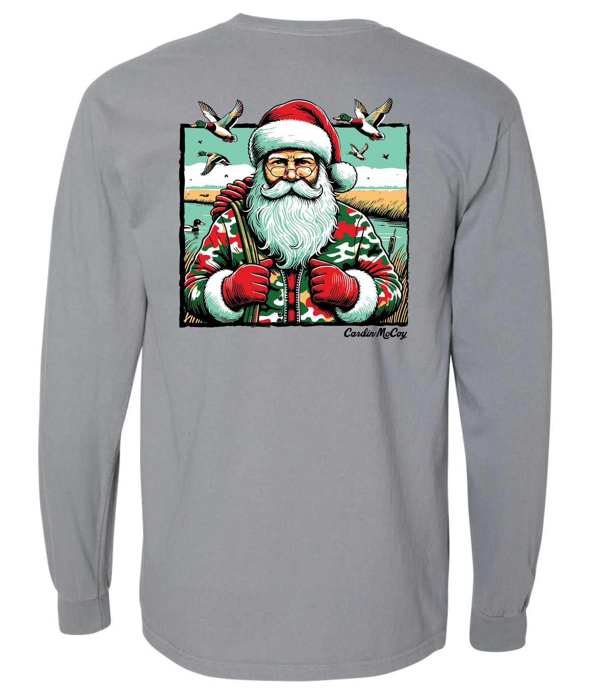 Adult Duck Hunter Santa Long-Sleeve Tee Long Sleeve T-Shirt Comfort Colors Granite Small Pocket