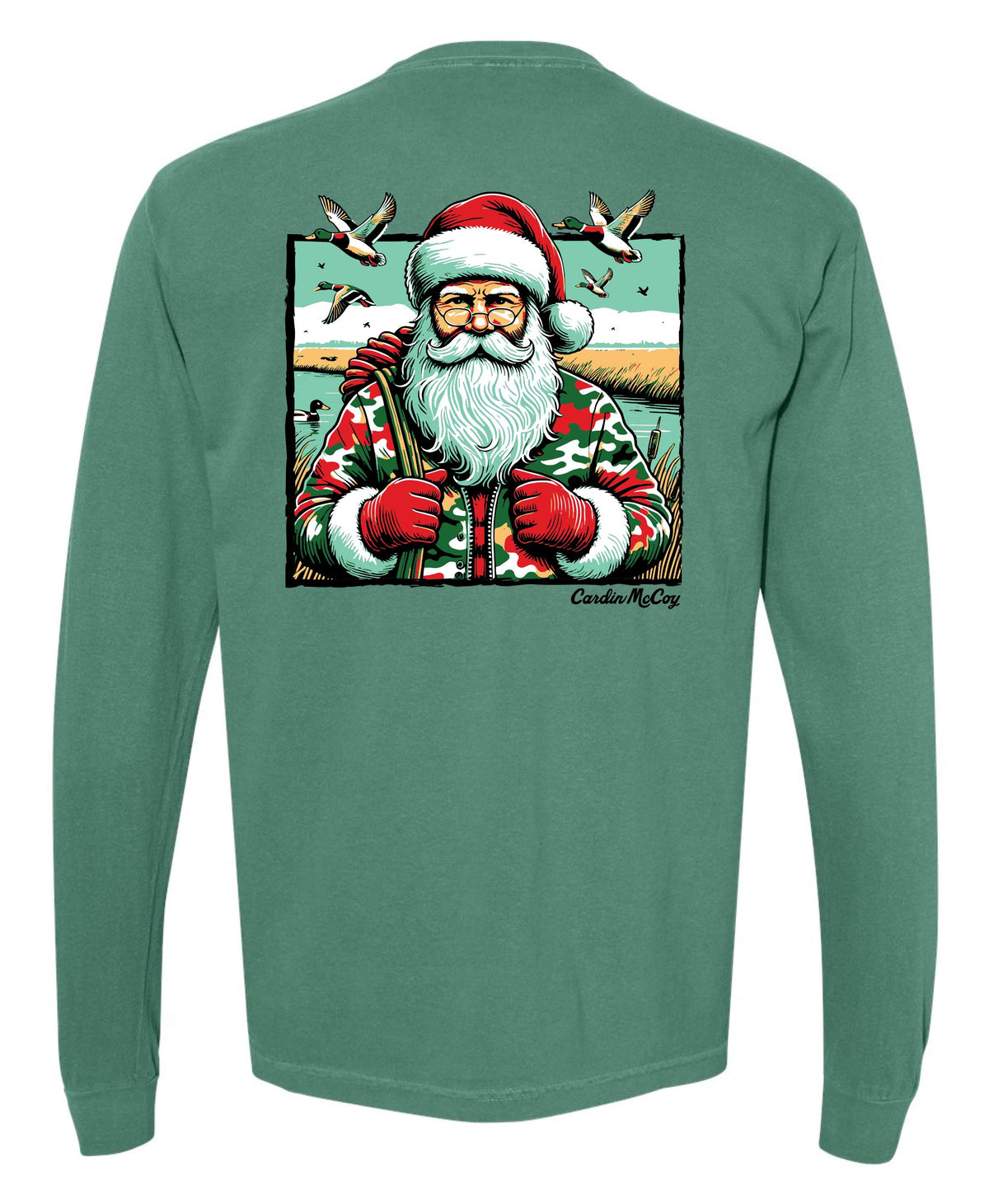 Adult Duck Hunter Santa Long-Sleeve Tee Long Sleeve T-Shirt Comfort Colors Light Green Small Pocket