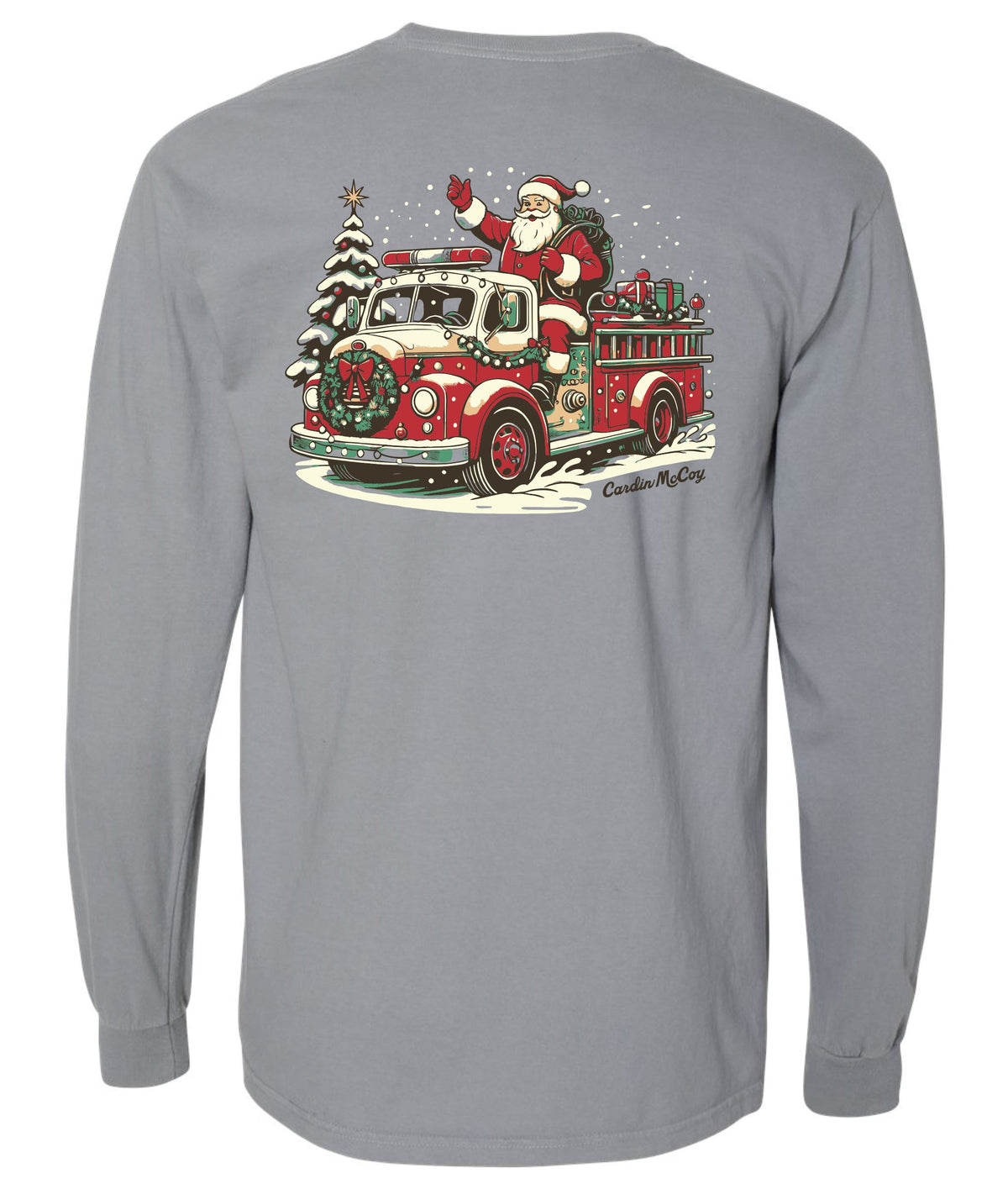 Adult Fire Truck Santa Long-Sleeve Tee Long Sleeve T-Shirt Comfort Colors Granite Small Pocket