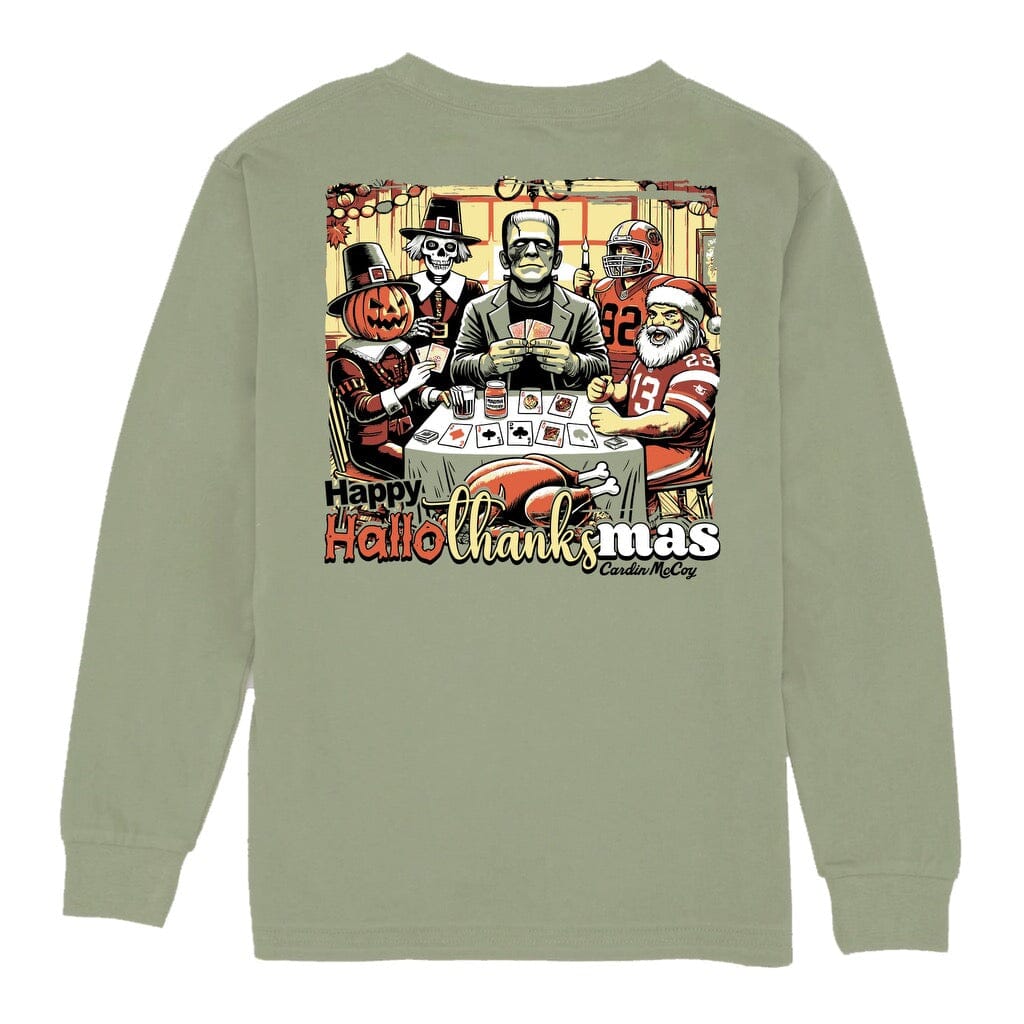 Boys' Happy Hallothanksmas Long-Sleeve Tee Long Sleeve T-Shirt Cardin McCoy Light Olive XXS (2/3) Pocket